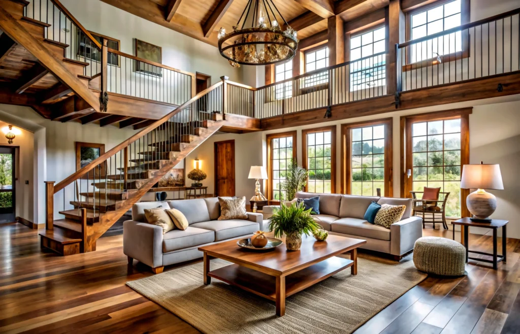 Two-story great room with exposed wood beams, a timber staircase and tall windows, representing homes for sale in Central Texas