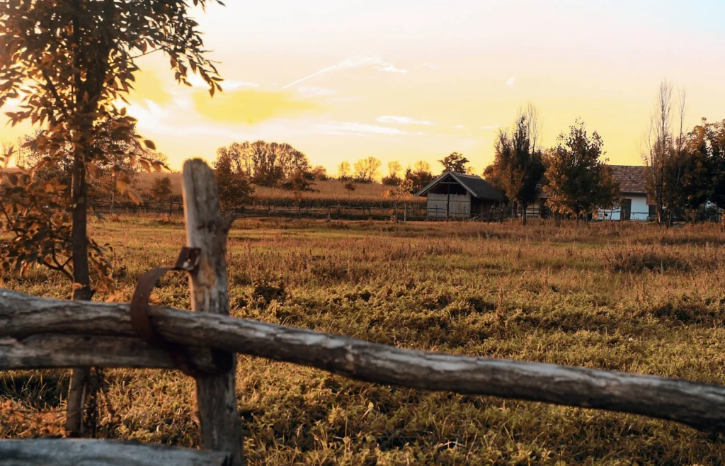 Split-rail wood fence along an open pasture with a barn and farmhouse at golden hour, representing farm and ranch homes for sale in Central Texas