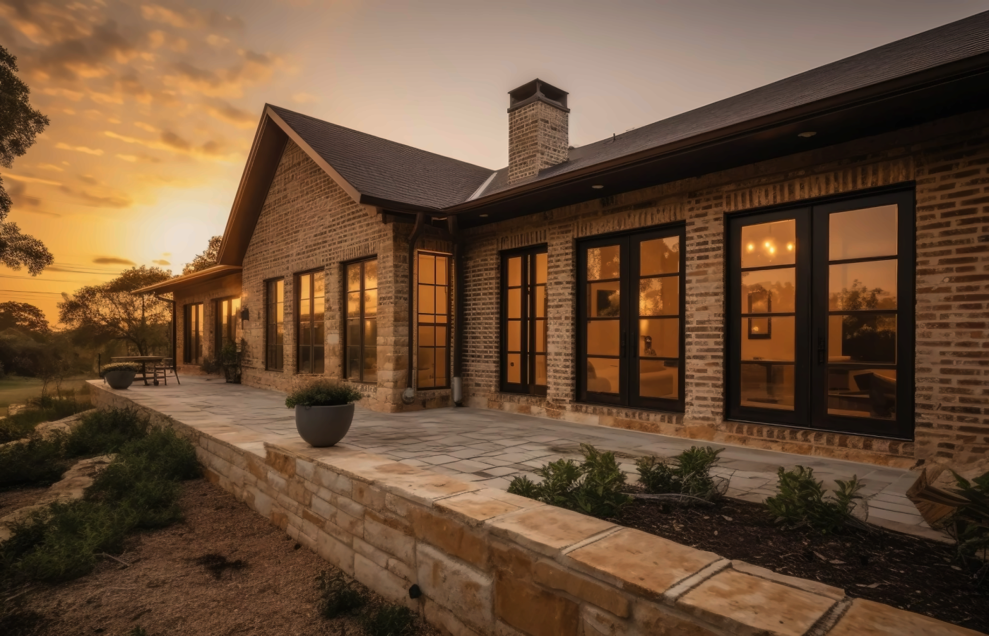 Brick and limestone home with a stone terrace and glowing windows at sunset, representing homes for sale in Central Texas