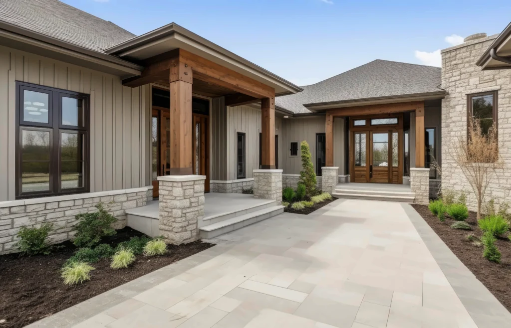Modern ranch home with board-and-batten siding, timber porch posts and a stone walkway, representing homes for sale in Central Texas