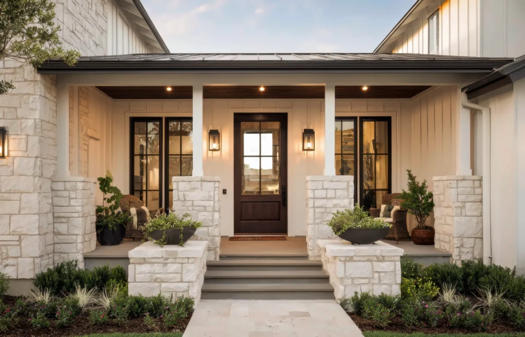 Limestone and board-and-batten farmhouse porch with lanterns and a wood front door, representing homes for sale in Central Texas