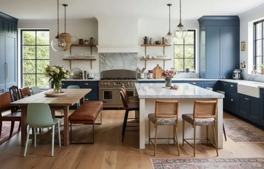 Navy blue kitchen with a marble island, farmhouse sink and rustic dining table, representing homes for sale in Central Texas