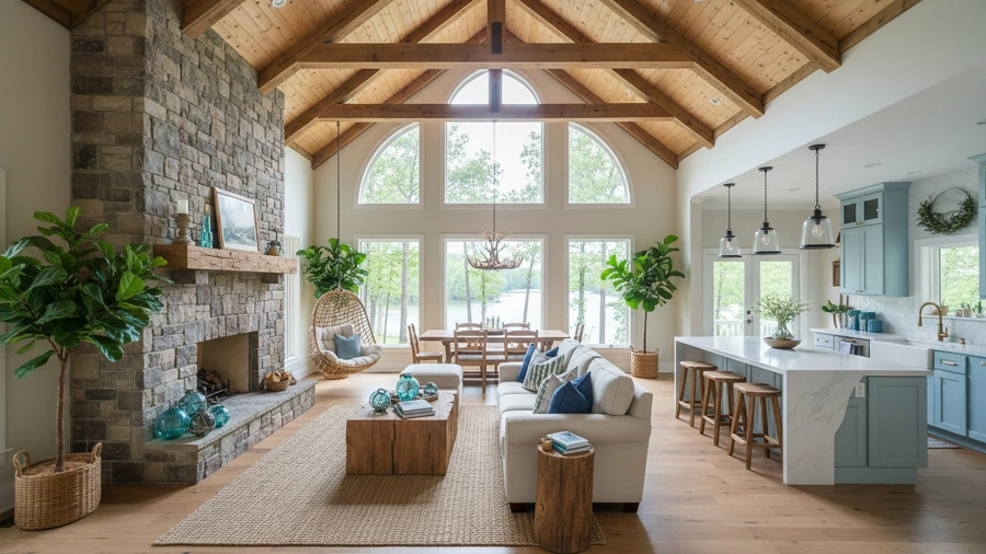 Vaulted great room with exposed beams, a stone fireplace and arched windows overlooking a lake, representing selling a home in Whitney