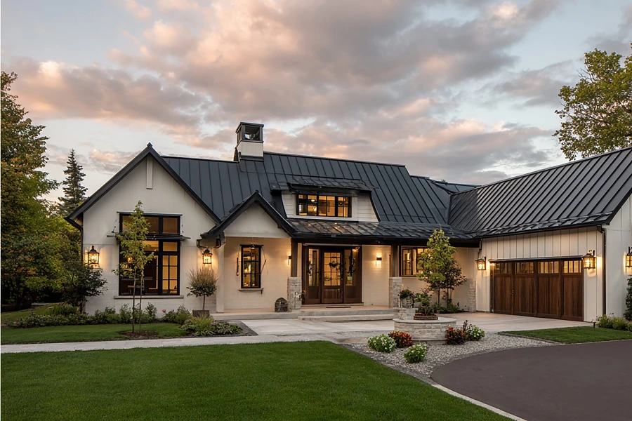 Single-story farmhouse with white board-and-batten siding, a metal roof and lit lanterns at dusk, representing pricing when selling a home in Whitney